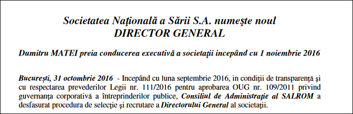 Societatea Nationala a Sarii SA numeste noul DIRECTOR GENERAL